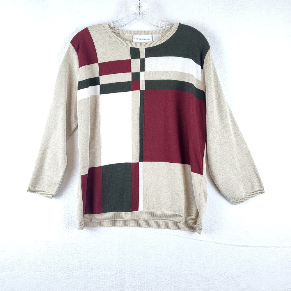 Alfred Dunner‎ Womens M Tan Geometric Colorblock 3/4 Sleeve Acrylic Sweater USA